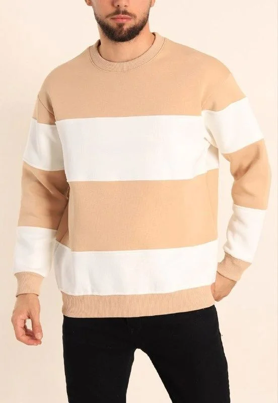Erkek 3 iplik pamuklu Parçalı Bisiklet Yaka SweatShirt - Bej