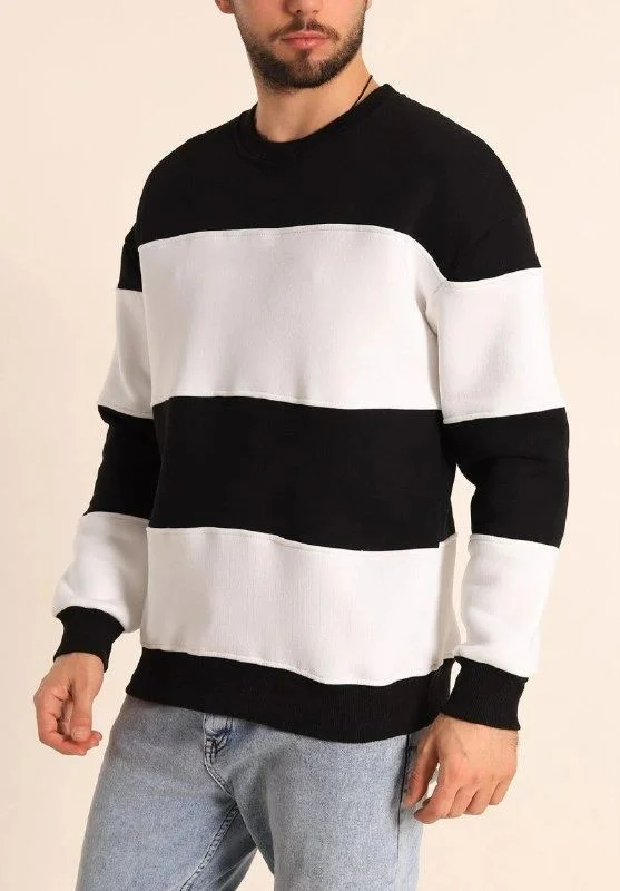 Erkek 3 iplik pamuklu Parçalı Bisiklet Yaka SweatShirt - Siyah