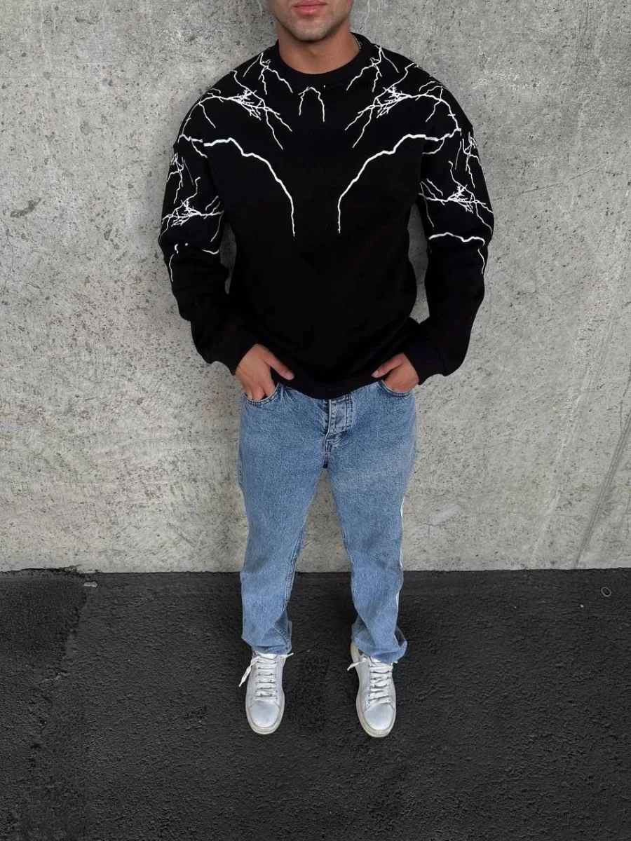 Erkek 3 iplik pamuklu Yıldırım Baskılı Bisiklet Yaka SweatShirt - Siyah
