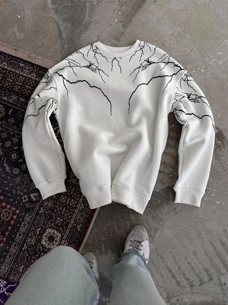Erkek Yıldırım Baskılı Bisiklet Yaka 3 iplik pamuklu SweatShirt - Beyaz