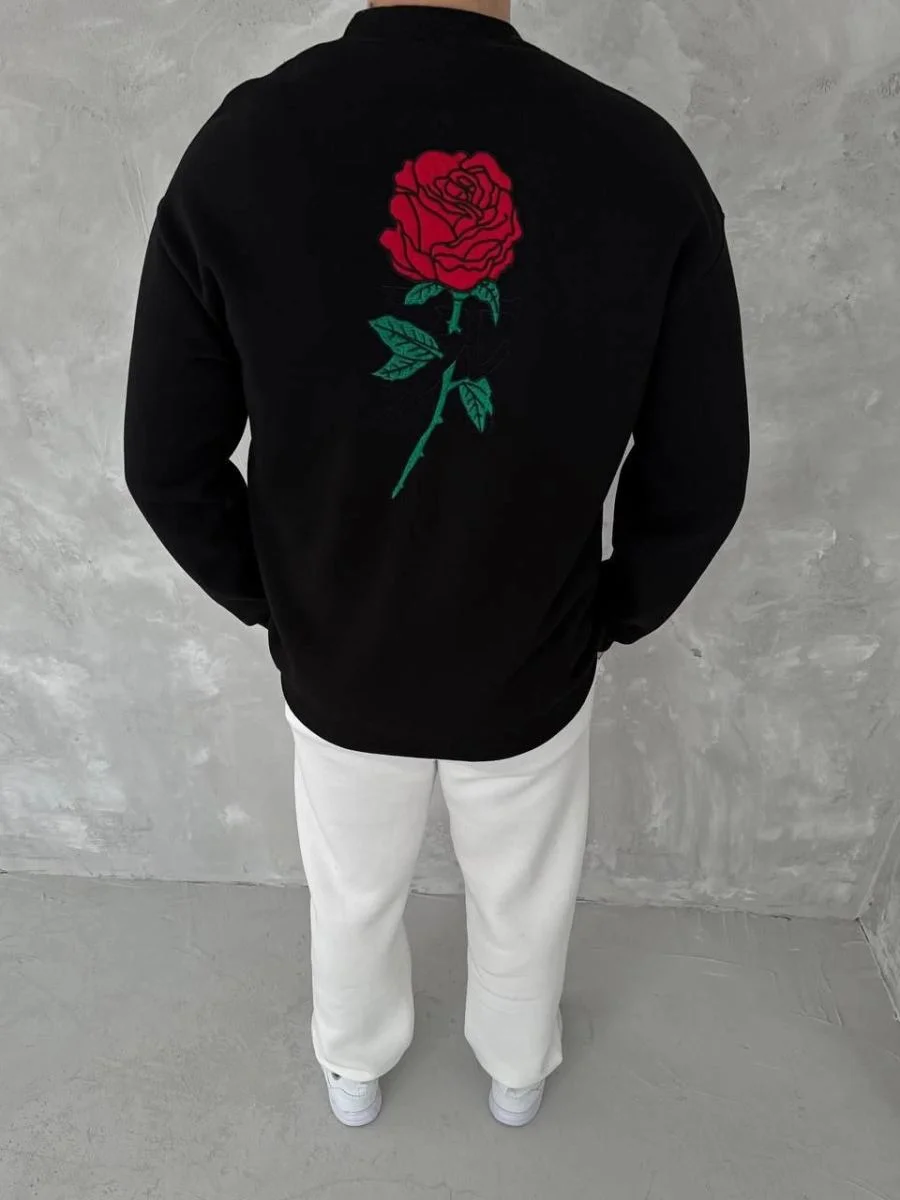 Erkek 3 iplik pamuklu Bisiklet Yaka Ön ve Arka Baskılı SweatShirt - Siyah
