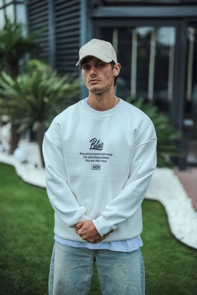 Erkek 3 iplik pamuklu Bisiklet Yaka Ön ve Arka Baskılı SweatShirt - Beyaz