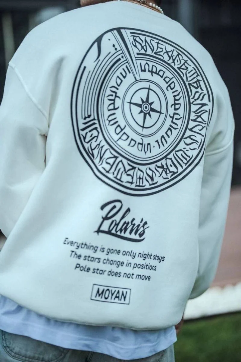 Erkek 3 iplik pamuklu Bisiklet Yaka Ön ve Arka Baskılı SweatShirt - Beyaz