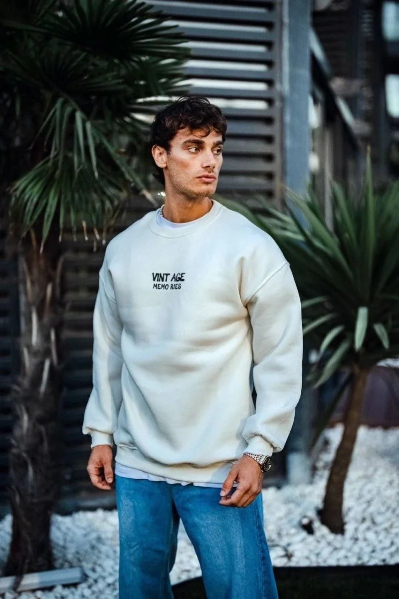 Erkek Bisiklet Yaka 3 İplik pamuklu Baskılı SweatShirt - Beyaz