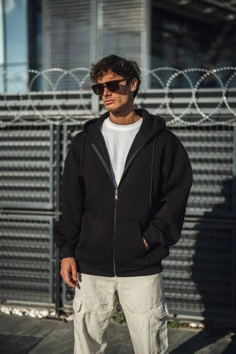 Erkek Tam Fermuarlı Cepli Kapüşonlu 3 iplik pamuklu hoodie Sweatshirt - Siyah
