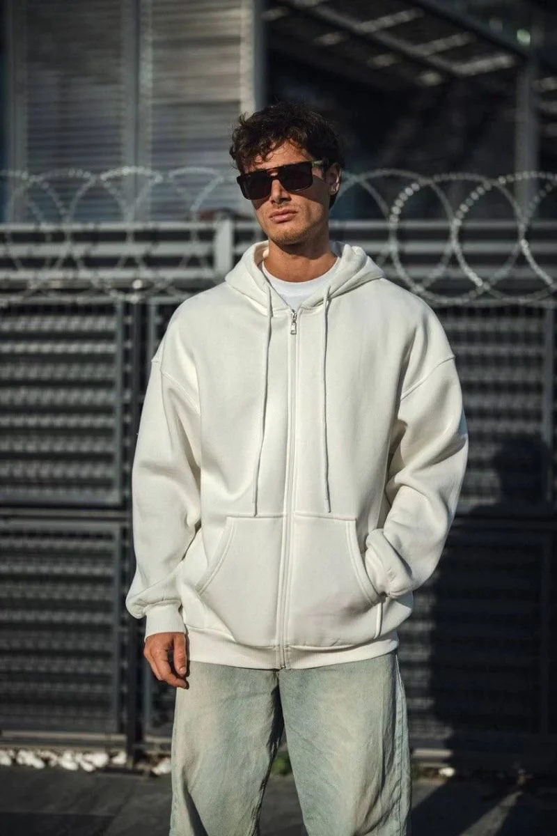 Erkek Tam Fermuarlı Cepli Kapüşonlu 3 iplik pamuklu hoodie Sweatshirt - Beyaz