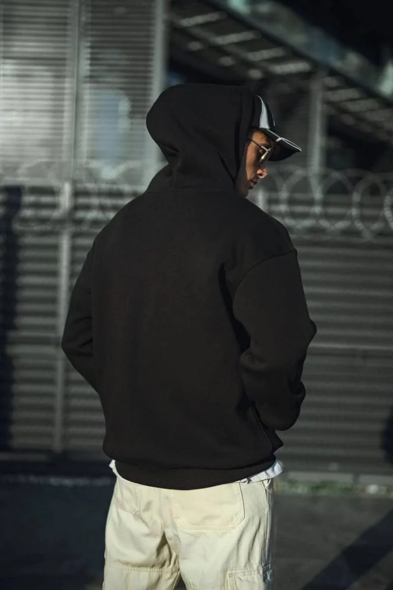 Erkek 3 İplik Pamuklu Kapüşonlu Basic SweatShirt Hoodie - Siyah