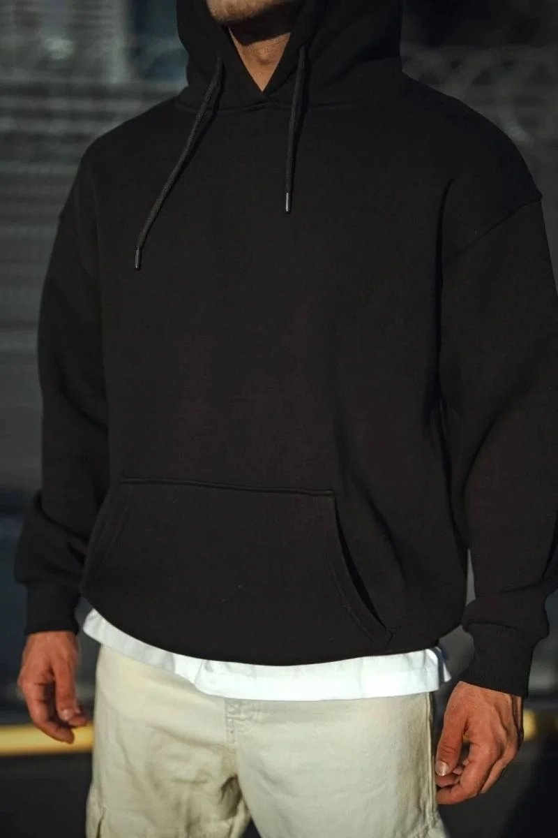 Erkek 3 İplik Pamuklu Kapüşonlu Basic SweatShirt Hoodie - Siyah