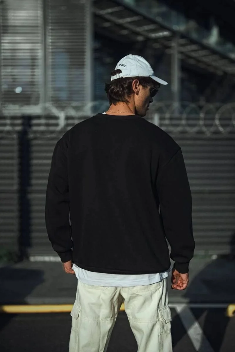 Erkek pamuklu Bisiklet Yaka 3 İplik Basic SweatShirt - Siyah