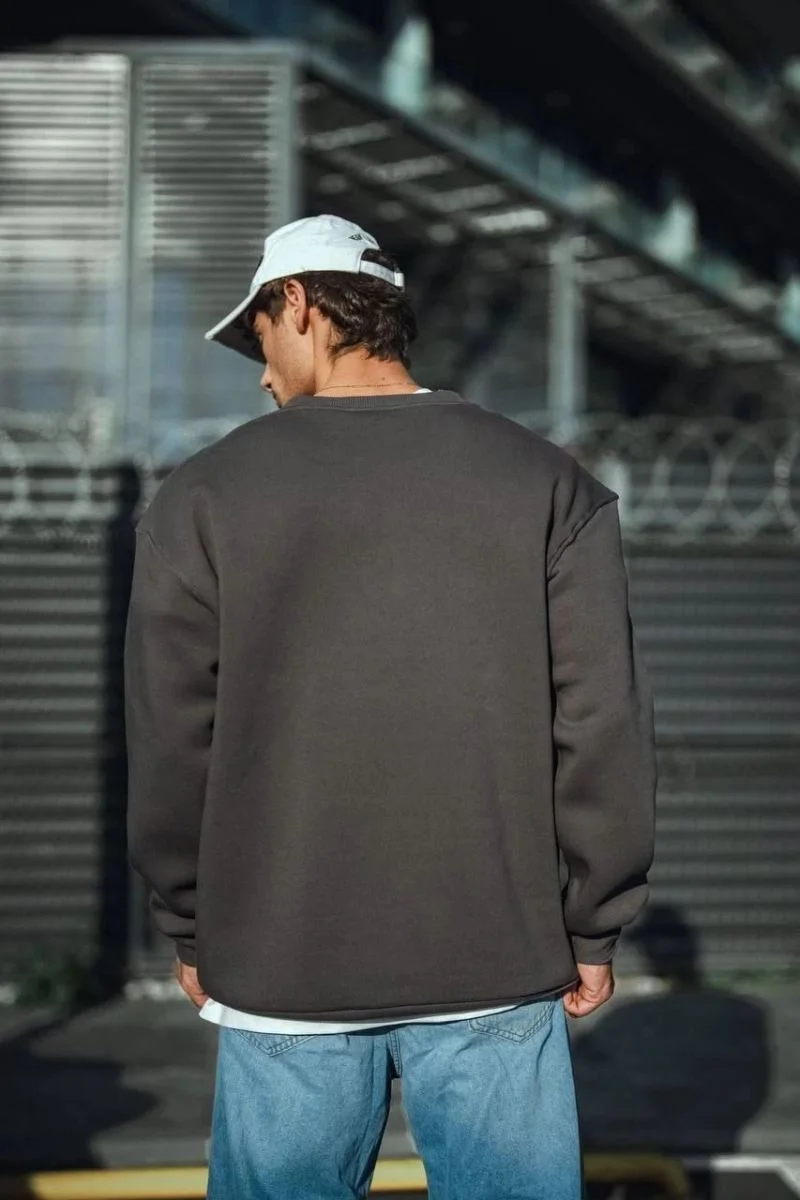 Erkek Bisiklet Yaka 3 iplik Pamuklu Basic SweatShirt  - Antrasit