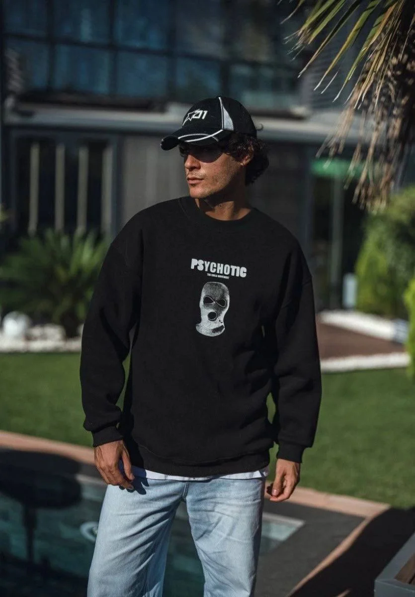 Erkek 3 iplik pamuklu Kışlık Bisiklet Yaka Baskılı SweatShirt - Siyah