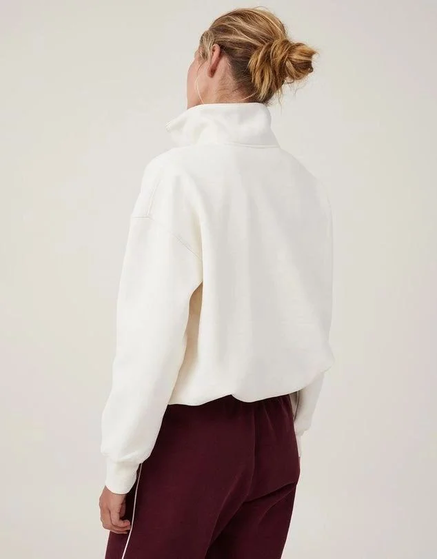 Kadın 3 İplik Pamuklu Oversize Yarım Fermuarlı Yakalı Basic Sweatshirt - Beyaz