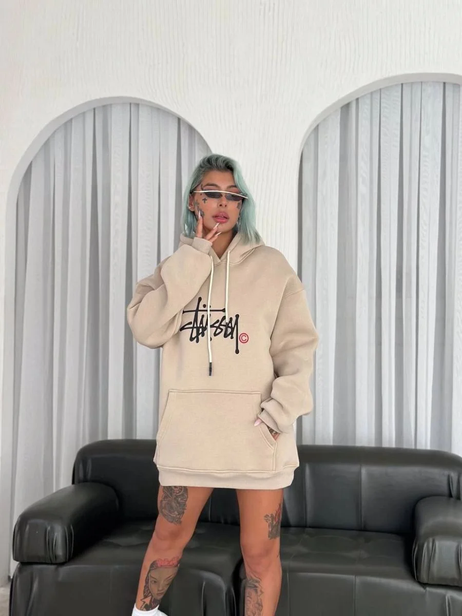Kadın Oversize Kapüşonlu Cepli Baskılı 3 İplik Pamuklu Hoodie Sweatshirt - Bej