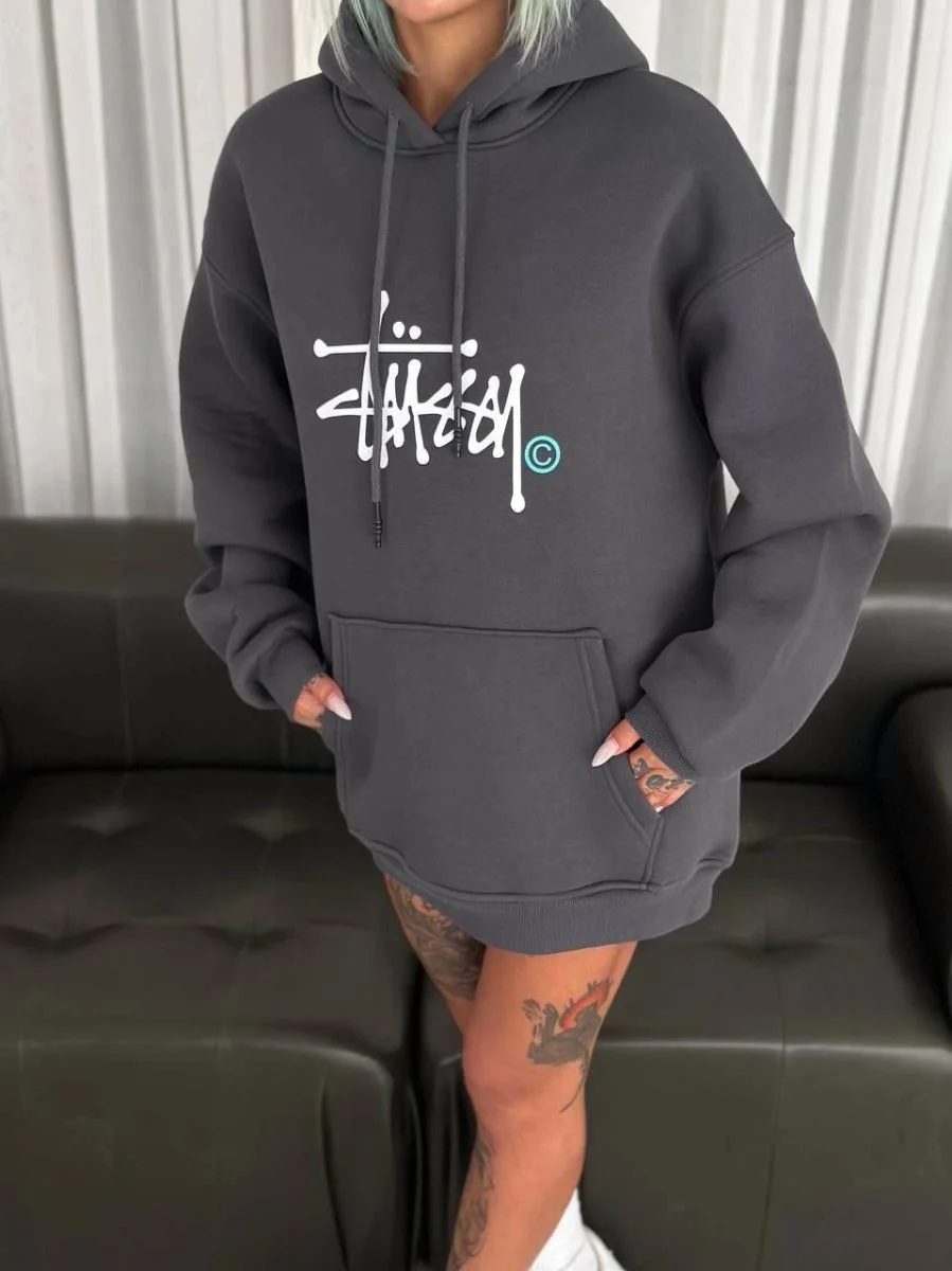 Kadın Oversize Kapüşonlu Cepli Baskılı 3 İplik Pamuklu Hoodie Sweatshirt - Füme
