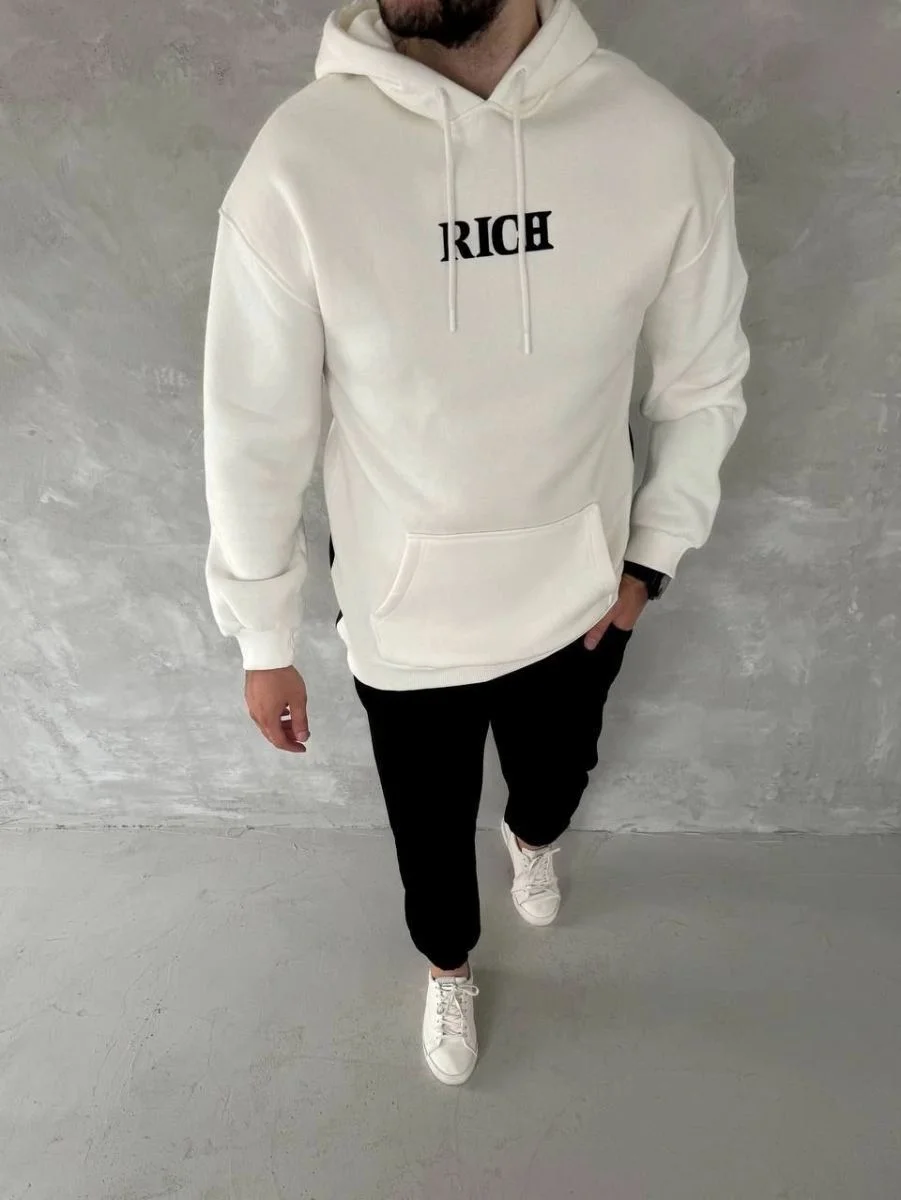 Erkek Kapüşonlu Kanguru Cepli Sweatshirt 3 İplik Pamuklu Baskılı Hoodie -  Beyaz