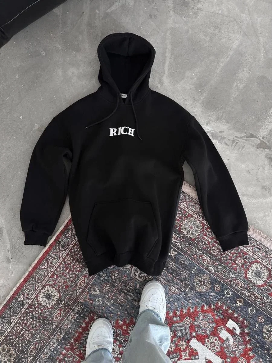 Erkek Kapüşonlu Kanguru Cepli Sweatshirt 3 İplik Pamuklu Baskılı Hoodie -  Siyah