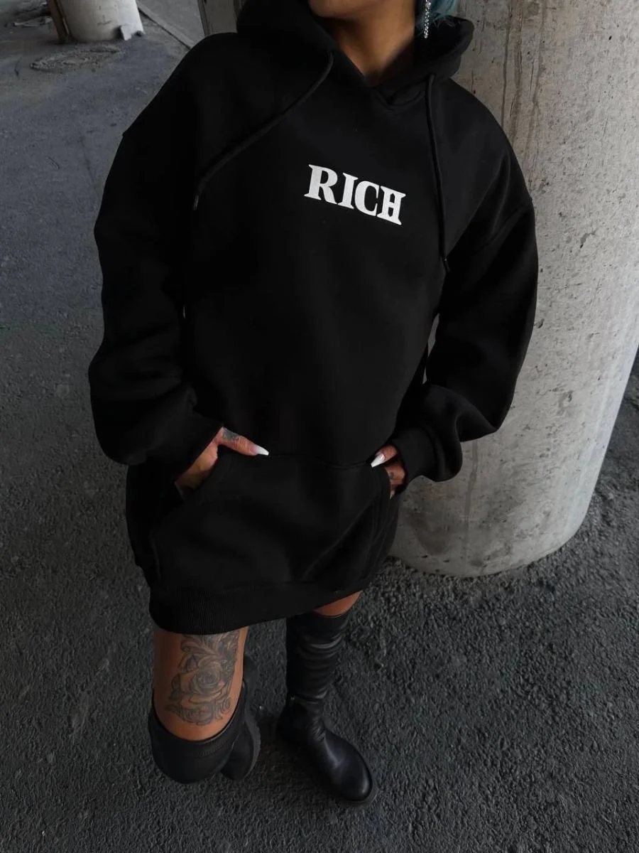 Kadın Kapüşonlu Kanguru Cepli Sweatshirt 3 İplik Pamuklu Baskılı Hoodie - Siyah