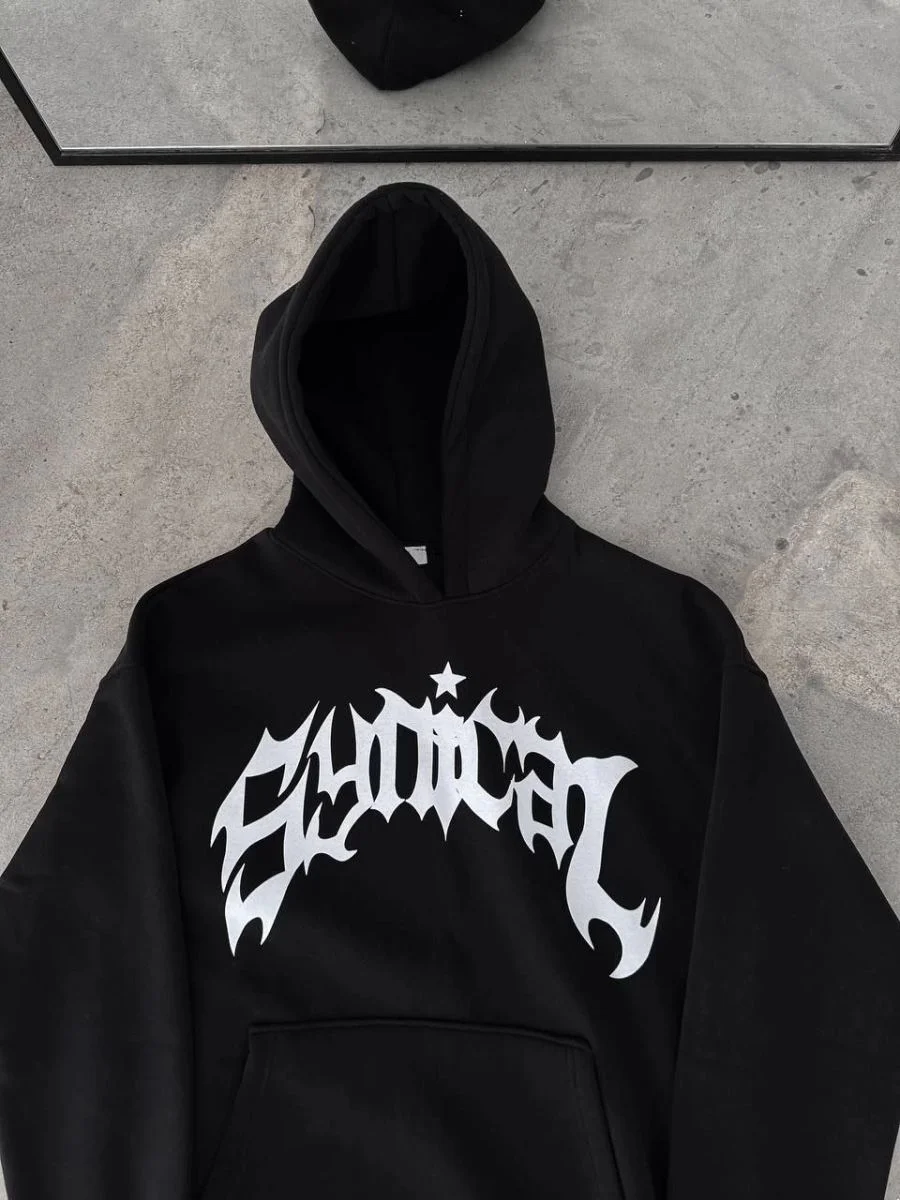 Kadın Kapüşonlu Kanguru Cepli Sweatshirt 3 İplik Pamuklu Baskılı Hoodie -  Siyah