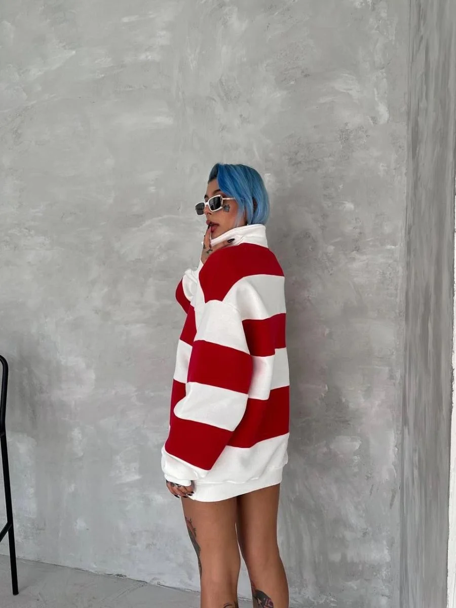 Kadın 3 İplik Pamuklu Parçalı Yakalı SweatShirt - Kırmızı