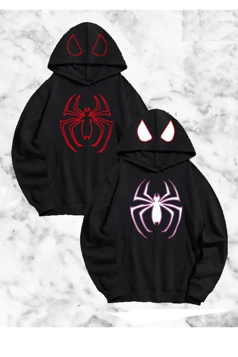 Örümcek Baskılı Sevgili Çift Kombini Kapüşonlu Sweatshirt & Hoodie - Siyah