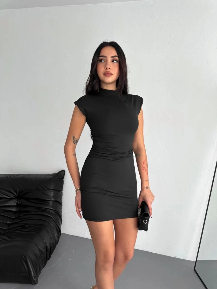 Kadın Yarım Bogazlı Kolsuz Mini Boy Elbise - Siyah