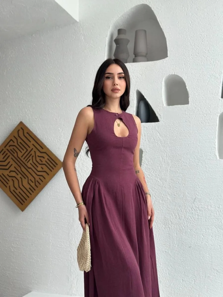 Kolsuz Uzun Kabardin Elbise - Bordo