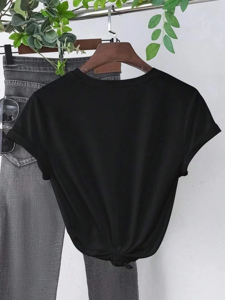 Kadın Kalp Baskılı T-Shirt Kısa Kol Bisiklet Yaka Oversize Tişört - Siyah