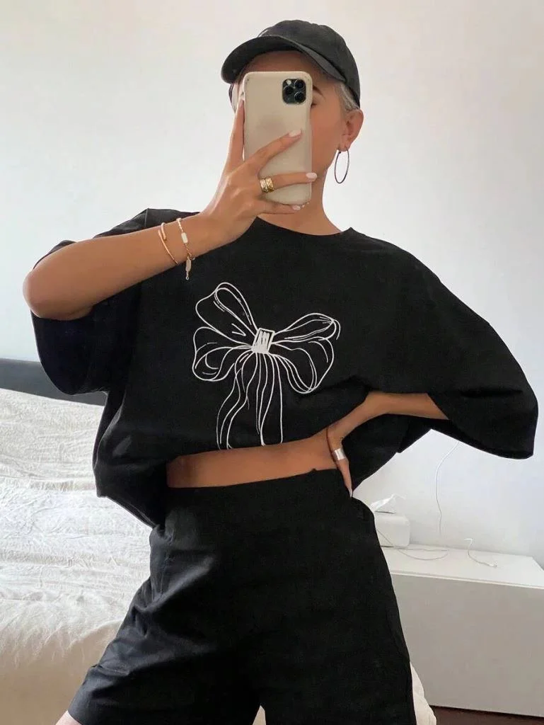 Kadın Fiyonk Baskılı T-Shirt Kısa Kol Bisiklet Yaka Oversize Tişört - Siyah