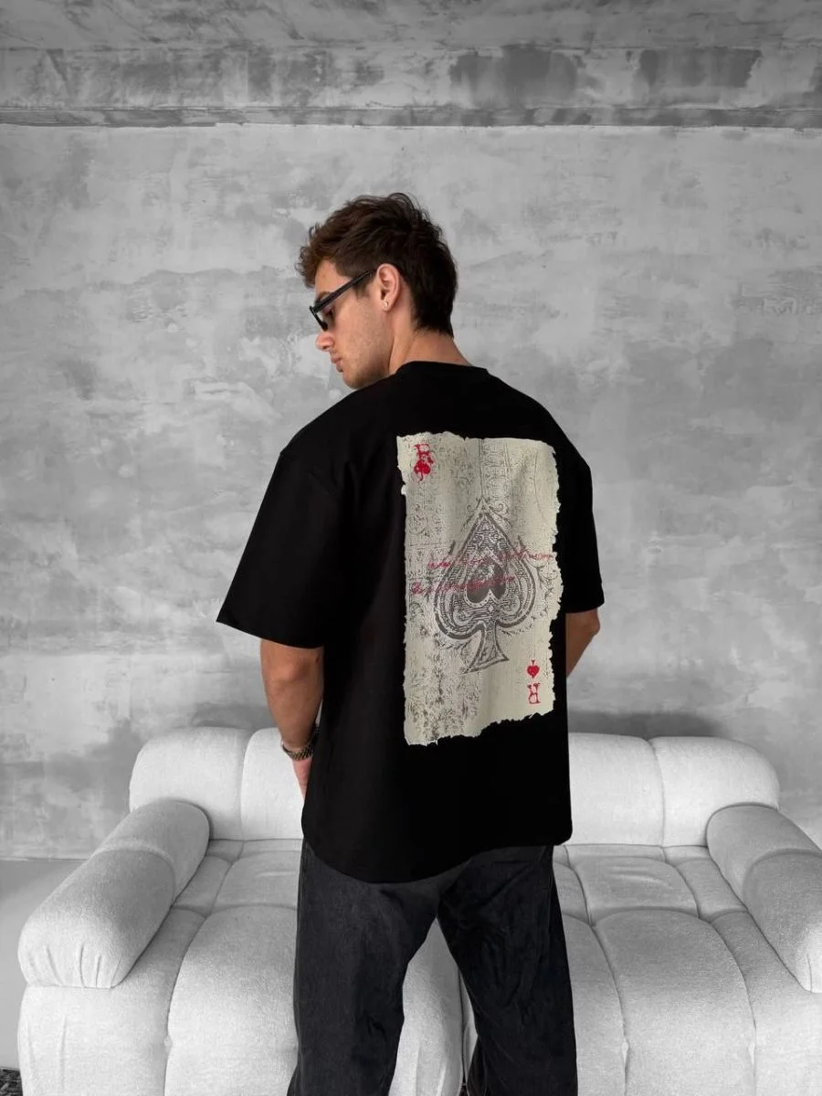 ERKEK Tişört Kısa Kol Ön ve Arka Baskılı Oversize Bisiklet Yaka T-shirt - Siyah