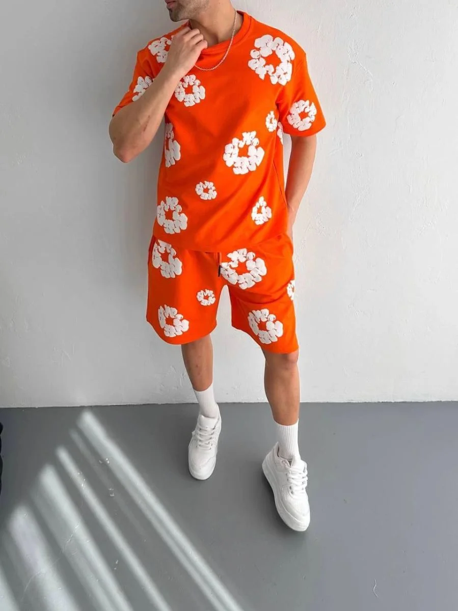 Erkek İki İplik Kumaş Oversize Baskılı T-shirt Şortlu ikili Alt-Üst Takım- Turuncu