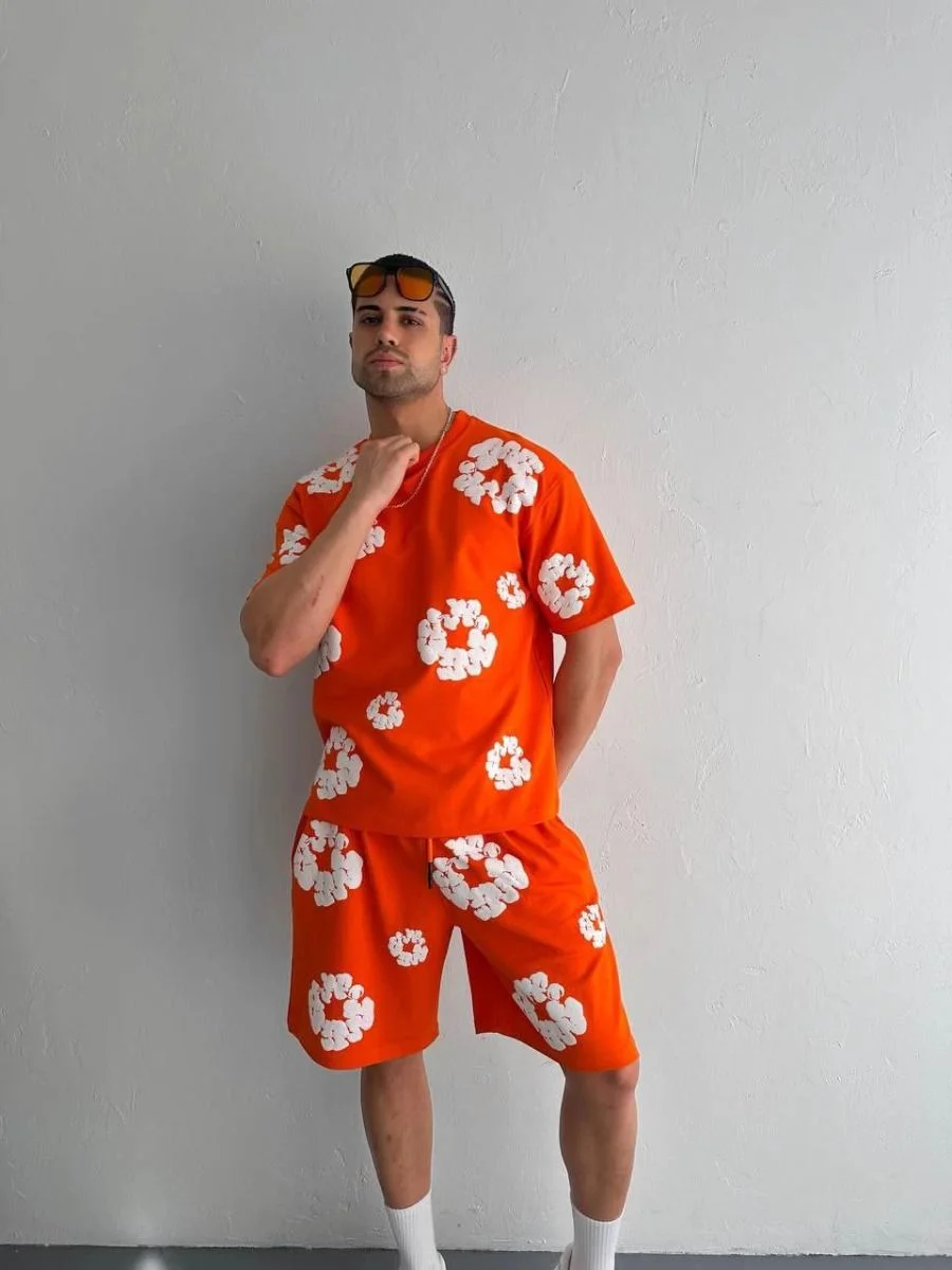 Erkek İki İplik Kumaş Oversize Baskılı T-shirt Şortlu ikili Alt-Üst Takım- Turuncu
