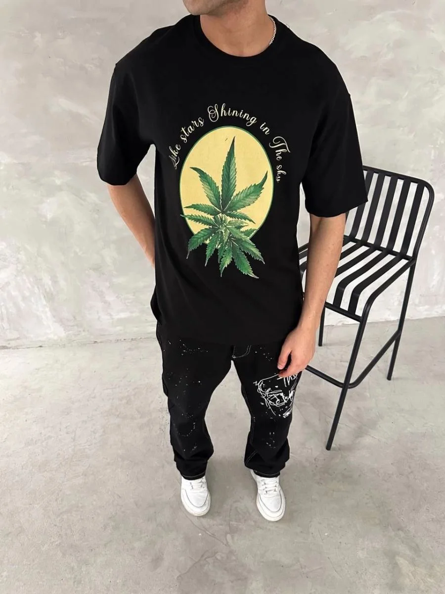 Erkek Baskılı T-Shirt Kısa Kol Bisiklet Yaka Regular Fit Yazlık Tişört - SiyahSiyah