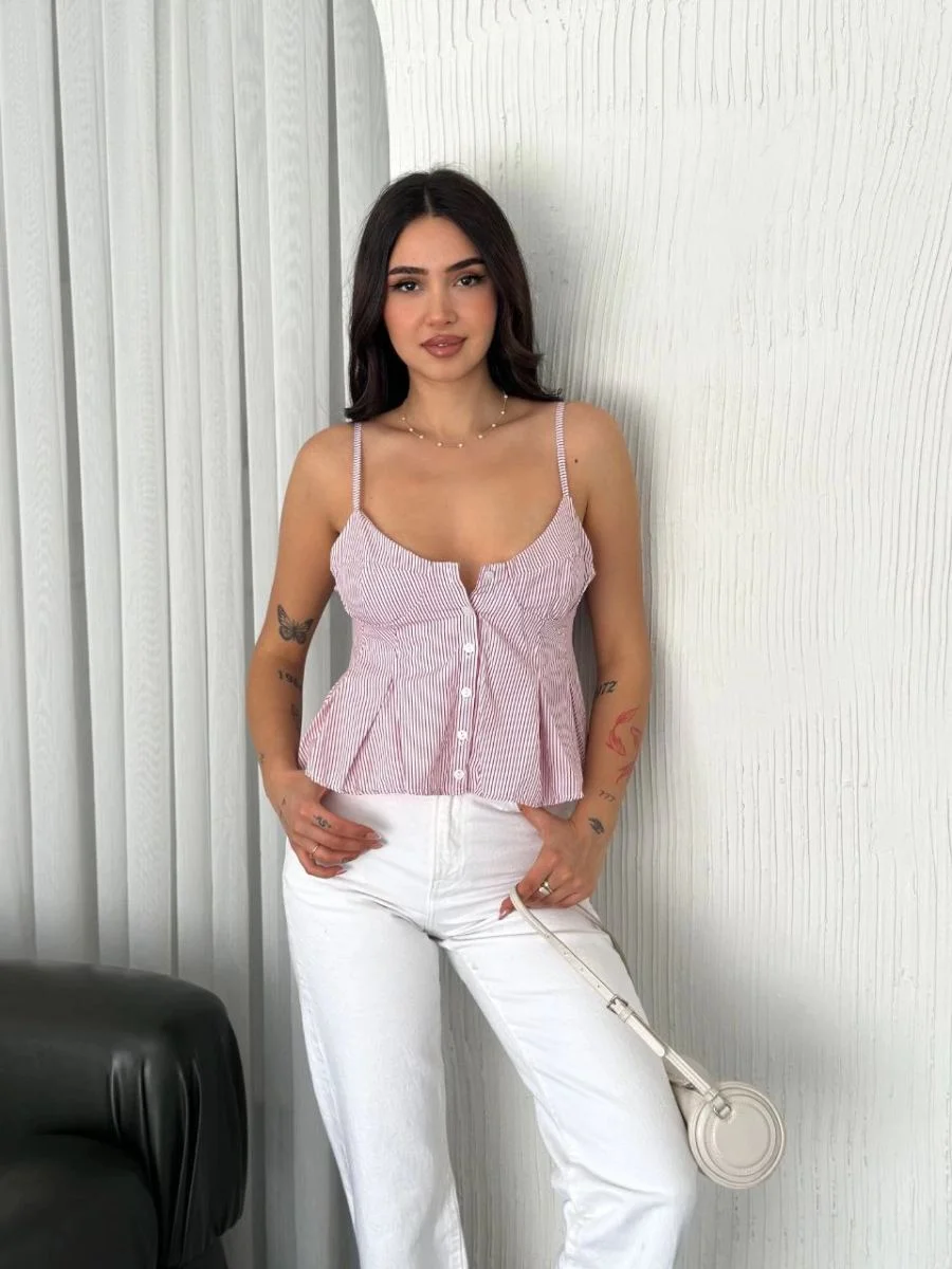 Kadın Askılı Dekolte deraylı crop - Kırmızı
