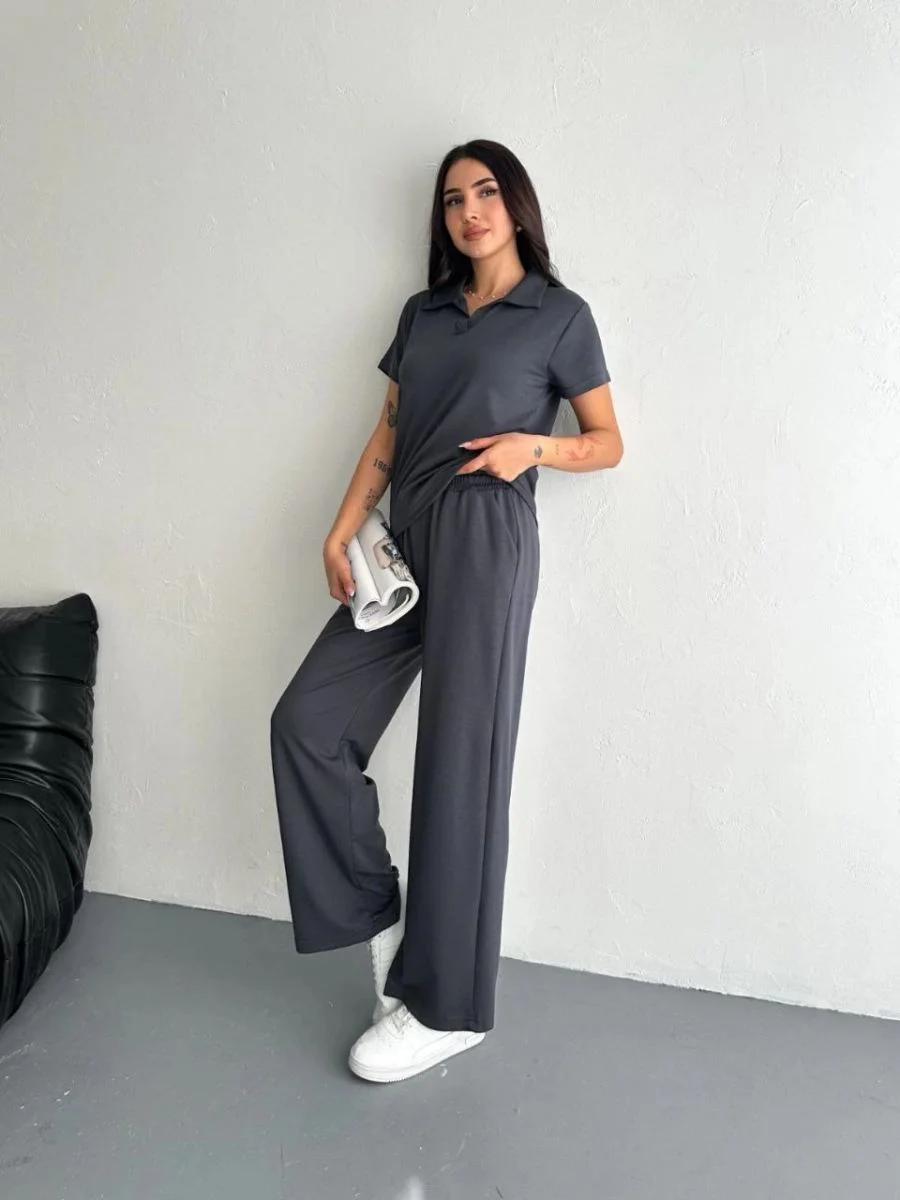 Kadın Osy Modal Yumuşak Dokulu Kumaş Kısa Kollu Yakalı T-shirt Pantolon ikili Takım- Antrasit