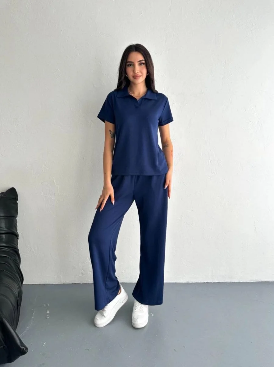 Kadın Osy Modal Yumuşak Dokulu Kısa Kollu Yakalı Pantolon ikili Takım - Lacivert
