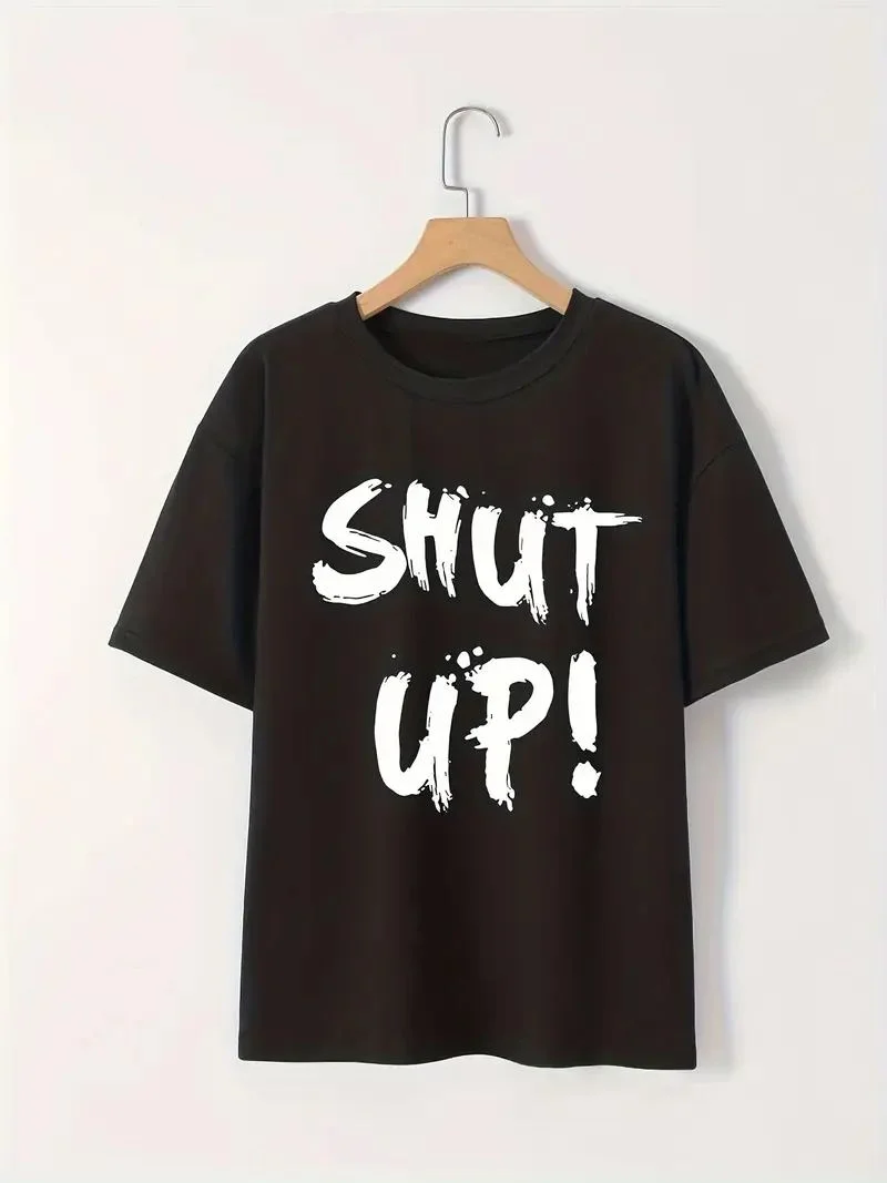 Kadın Tişört Shut Up Baskılı Kısa Kol Bisiklet Yaka T-Shirt - Siyah