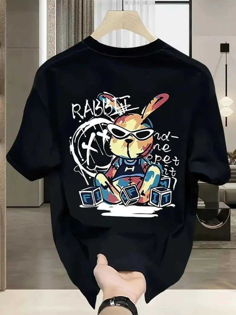 Erkek T-shirt Tavşan Baskılı Kısa Kollu Tişört - Siyah