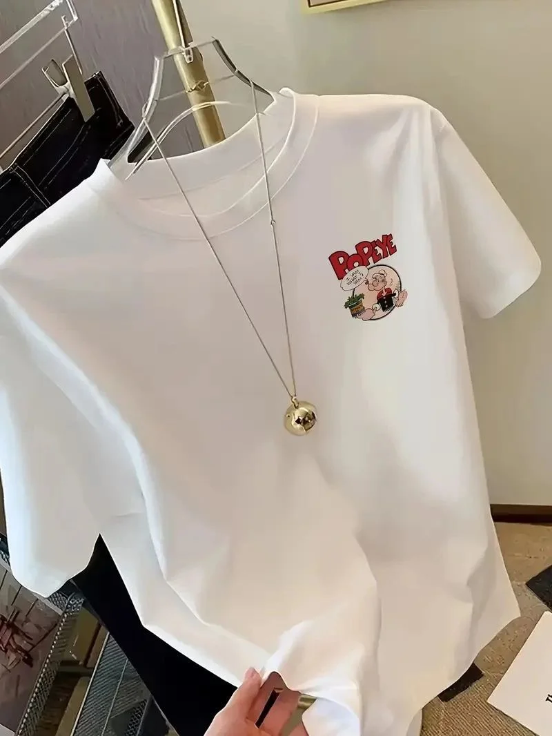 Erkek T-Shirt Oversize Kısa kol Tişört Popeye Baskılı - Beyaz