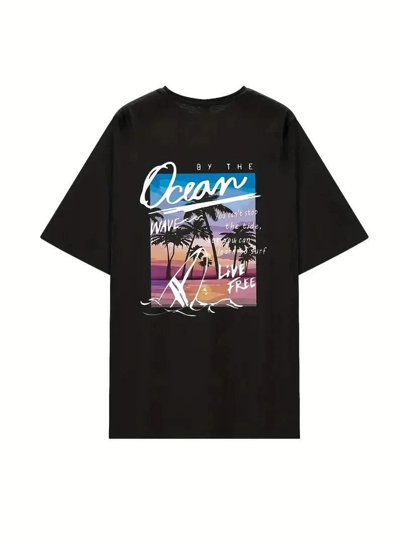 Kadın Kısa Kol Yazlık Tişört Bisiklet Yaka Okyanus Baskılı T-Shirt - Siyah