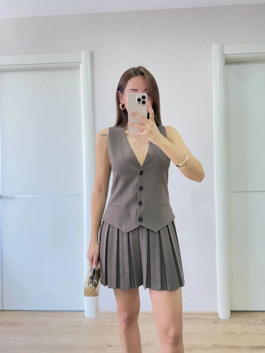 Kadın Keten Takım Görünümlü Düğme Detaylı Yelekli Mini Elbise - Füme