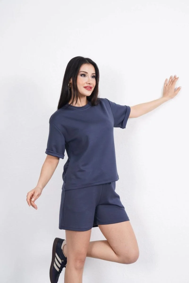 Osy Modal yumuşak dokulu Kumaş Kadın Bisiklet Yaka T-shirt Kısa Şort İkili Takım - Antrasit