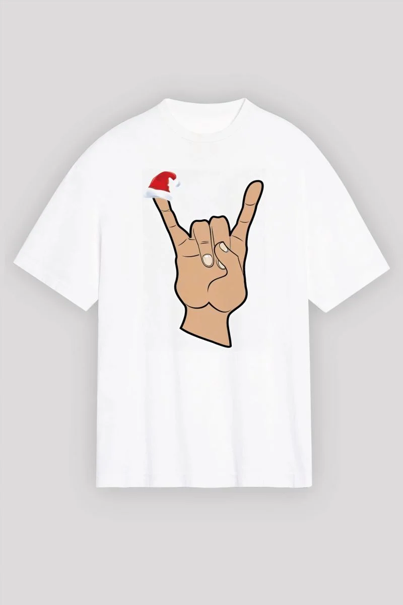 Yılbaşı Tişört Noel Başlıklı Serçe Parmak T-shirt - Beyaz