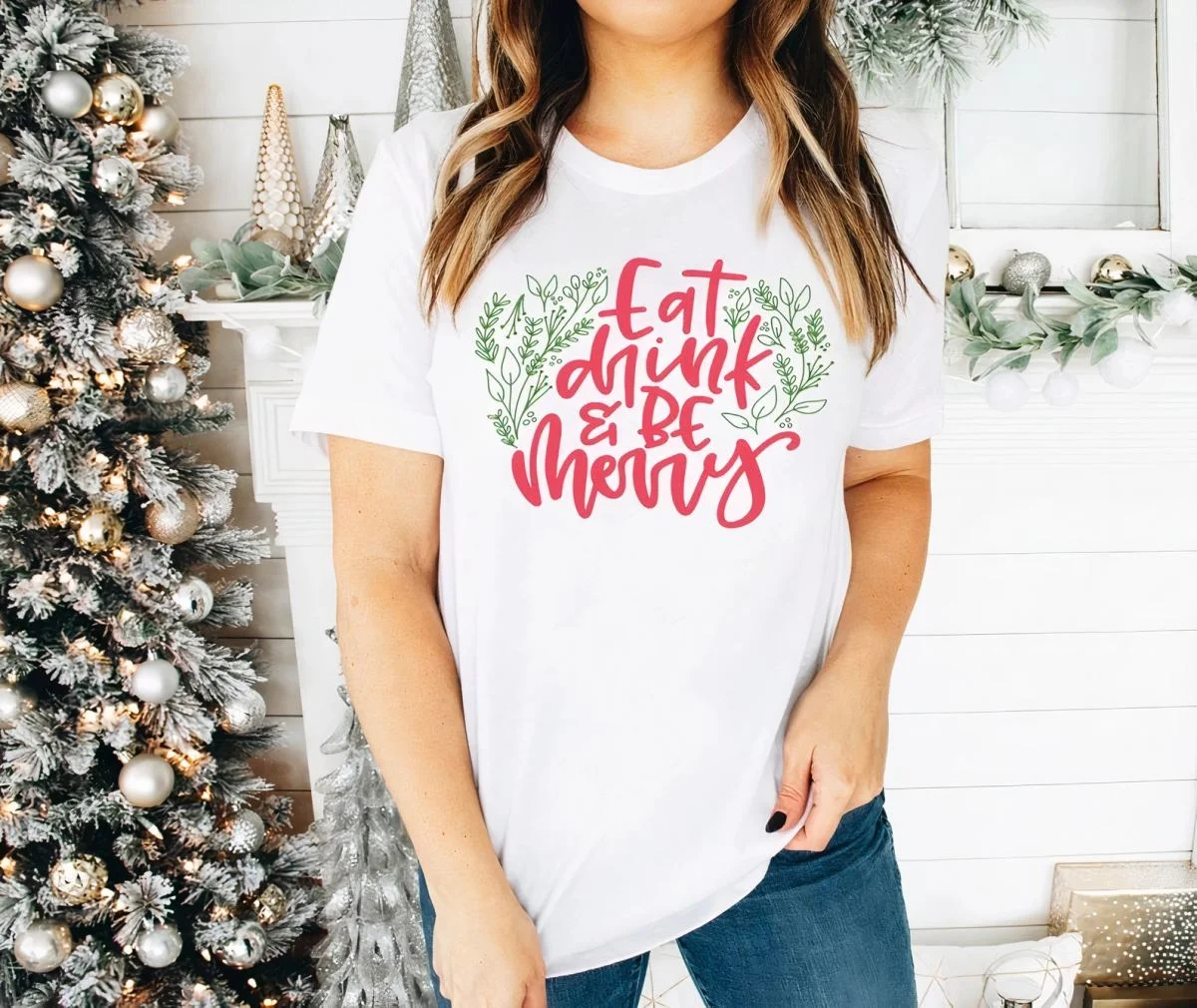 Yılbaşı Tişört Noel İçin  Kısa kol T-shirt - Beyaz