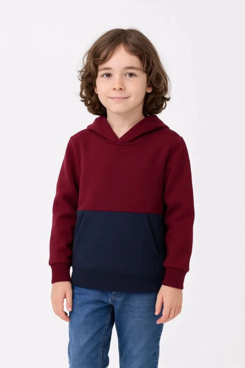 Erkek Çocuk Kapüşonlu Kanguru Cepli Parçalı SweatShirt - Renkli
