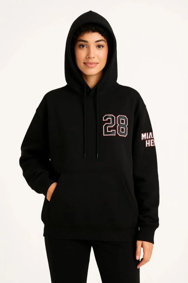 Kadın 3 İplik Pamuklu Kapüşonlu Kanguru Cepli Baskılı Hoodie Sweatshirt - Siyah