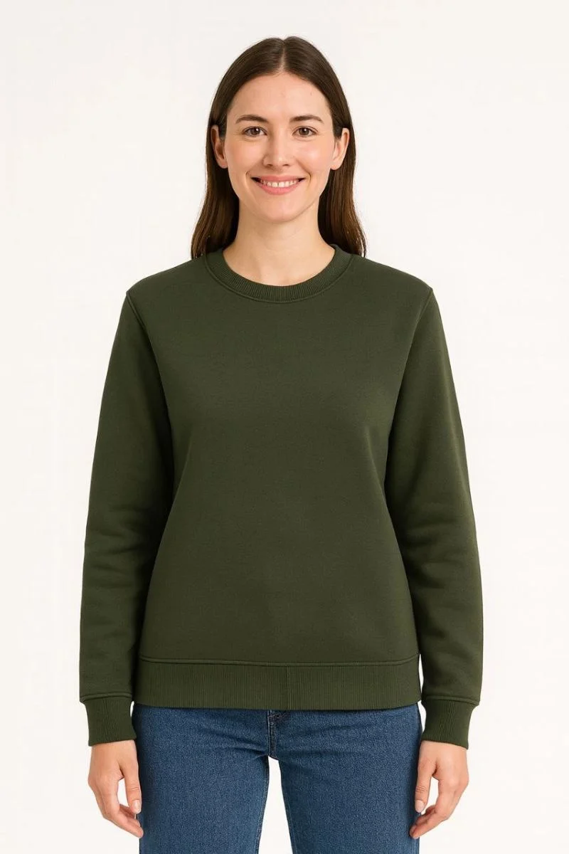 Kadın 3 İplik Pamuklu Düz Bisiklet Yaka SweatShirt - Haki