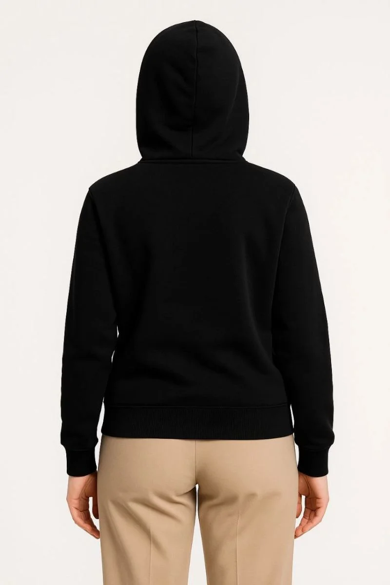 Kadın 3 İplik Kapüşonlu Tam Fermuarlı Kanguru Cepli Sweatshirt Hoodie - Siyah