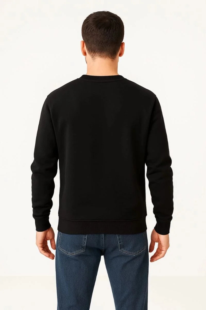 Erkek 3 İplik Pamuklu Düz Bisiklet Yaka SweatShirt - Siyah