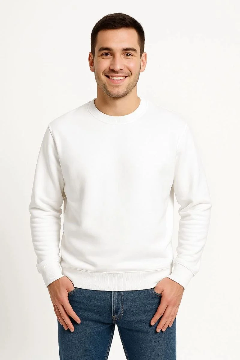 Erkek 3 İplik Pamuklu Düz Bisiklet Yaka SweatShirt - Beyaz