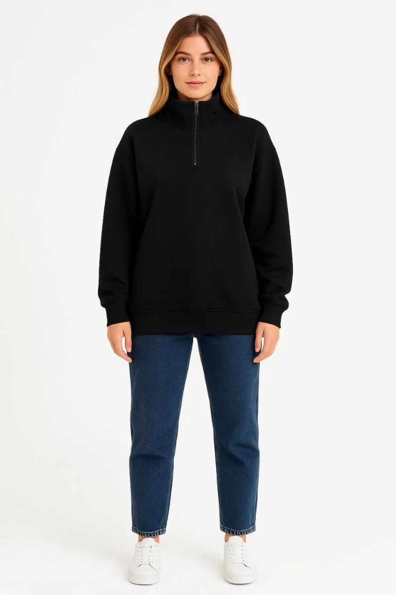 Kadın 3 İplik Pamuklu Dık Yaka Yarım Fermuarlı SweatShirt - Siyah